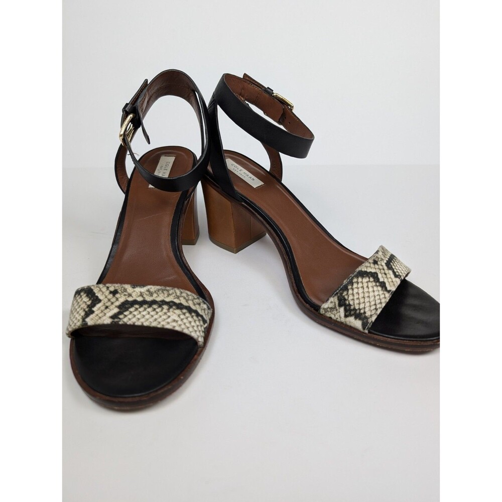 Cole Haan Cambon Mid Sandal Black Snake Embossed Leather Block Heel Size 8.5B